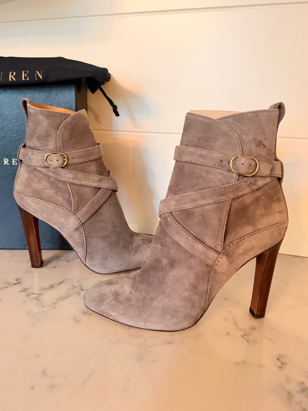 RALPH LAUREN Tres Chic Stone Gray Suede Wrap Buckle Bootie Heels 39 NIB $1,500!!